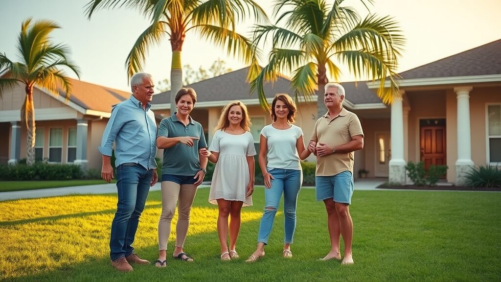 Reassured Florida family outside their compliant home, pointing at lawn with septic system safely buried, symbolizing adherence to regulations