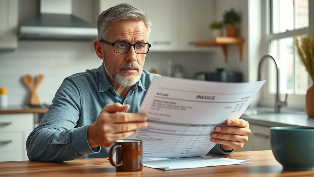 Concerned homeowner reviewing cleaning bill from Eustis house cleaning companies—worried expression, tidy kitchen table, photorealistic, natural light