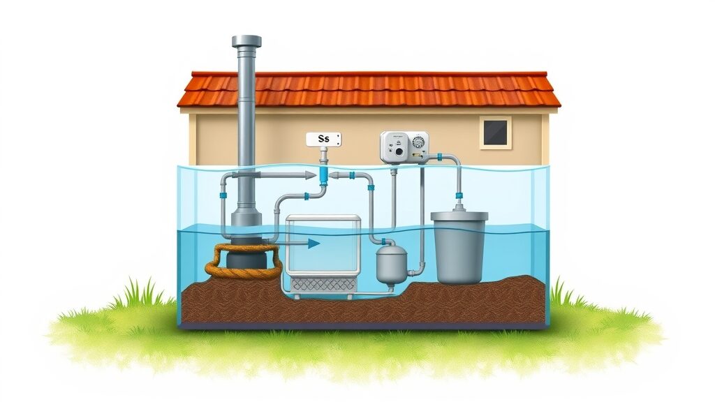 realistic cross-sectional diagram, modern septic tank system, water flow and waste separation, septic system maintenance Eustis FL