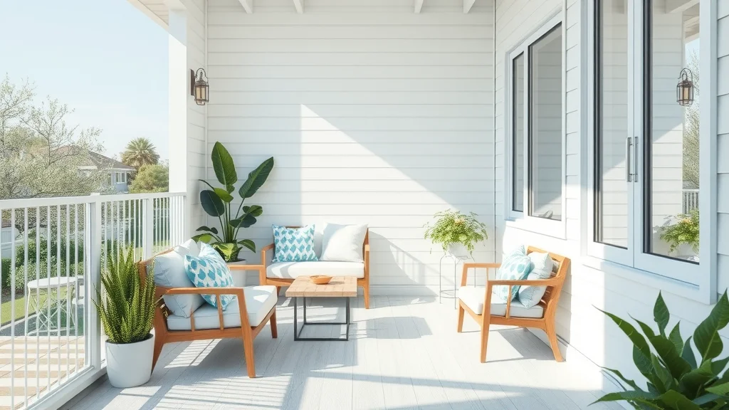 Small deck and patio with light blue and white color scheme, glass railing, and airy accents expanding the space visually