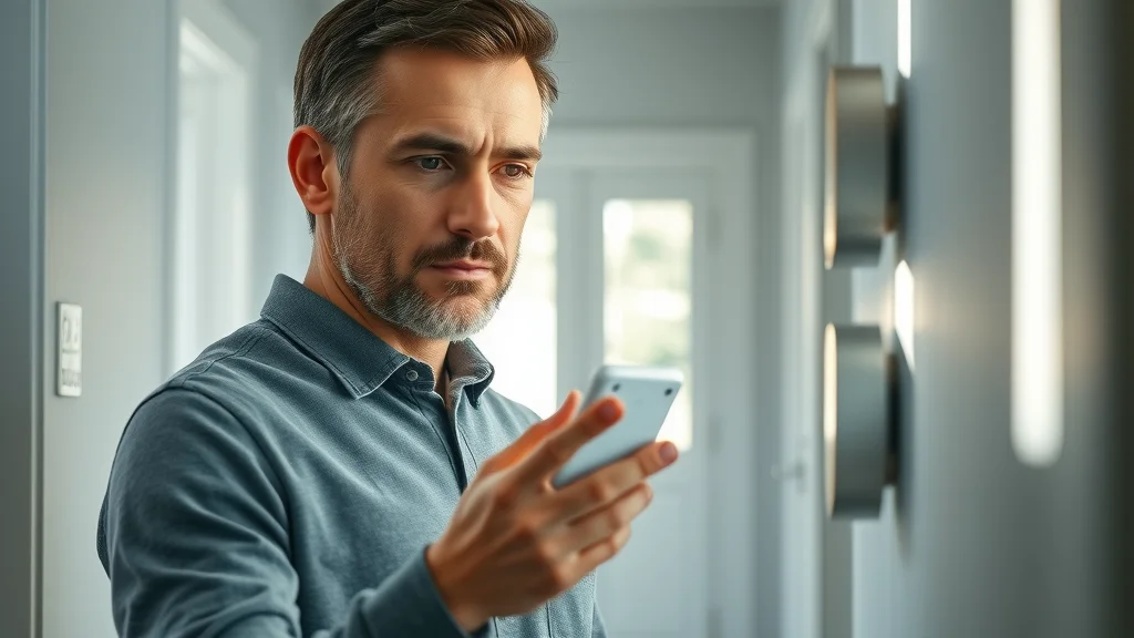 Smart home interface for controlling Eustis energy efficient home air system, featuring a homeowner adjusting the settings on a modern thermostat.