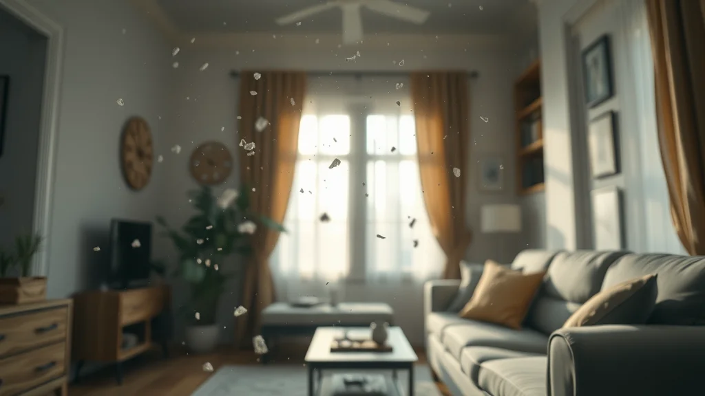 poor indoor air quality, dust and pollen particles, asthma triggers, photorealistic home setting