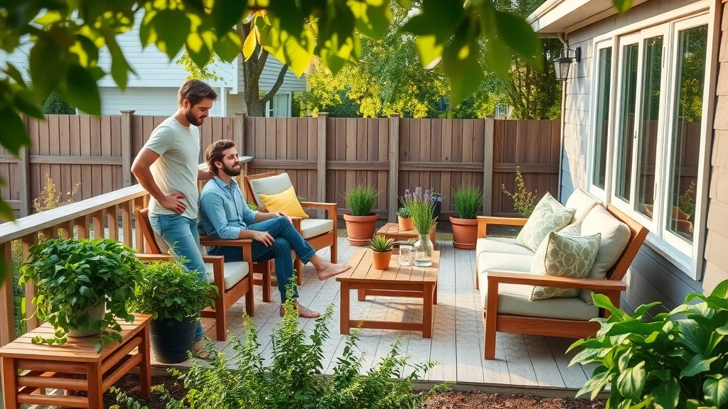 Inviting backyard deck transformation — Relaxed homeowners enjoying a cozy, newly-finished deck with plants and simple outdoor furniture in a lush suburban garden, sunlight filtering through leaves.