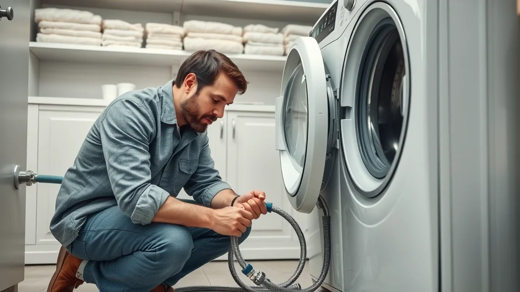 Homeowner inspecting washing machine hoses — focused, concentrated, cozy laundry room, running water hoses, appliance repair service prevention steps