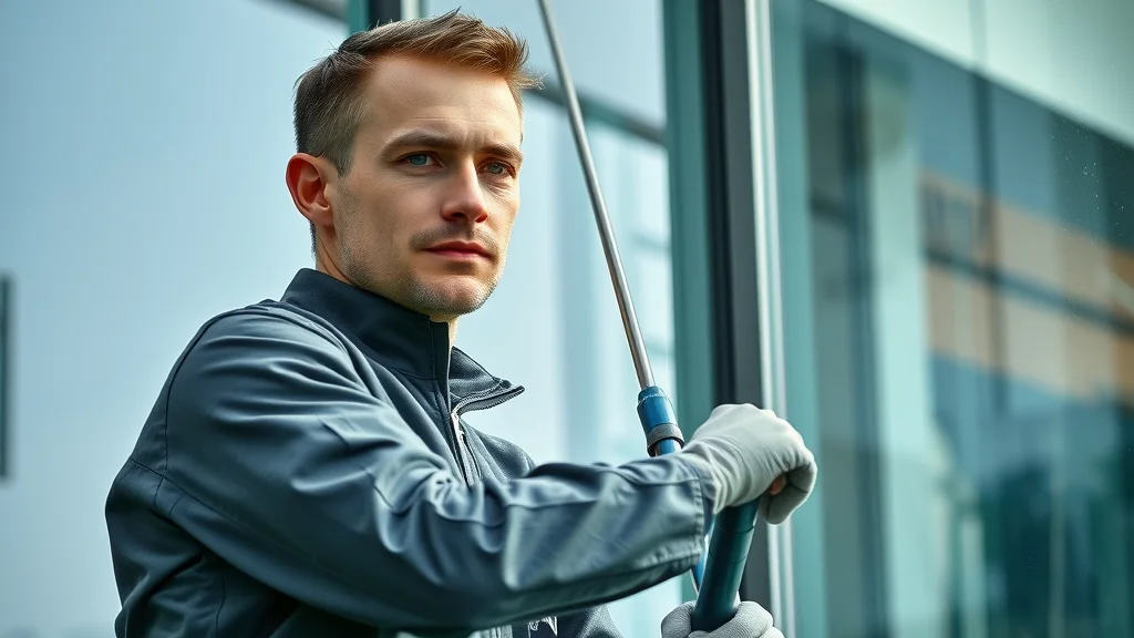 Professional window cleaner using advanced equipment for commercial window cleaning services on a modern office building.