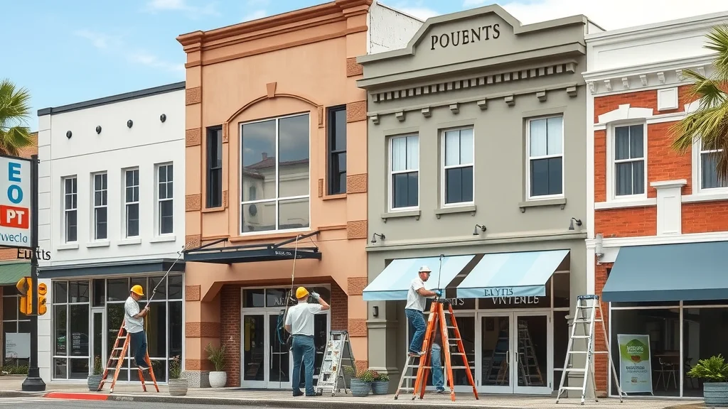 Modern and classic buildings side by side in Eustis. House painters and contractors delivering painting services. Photorealistic, high realism, even daylight.