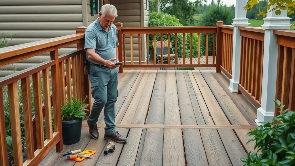 classic wood deck cost - homeowner inspecting aging wood deck for maintenance