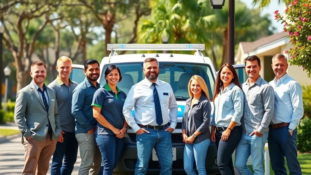 Friendly local Eustis air quality service experts standing proudly outside a service vehicle, sunny Central Florida street and lush greenery in the background.