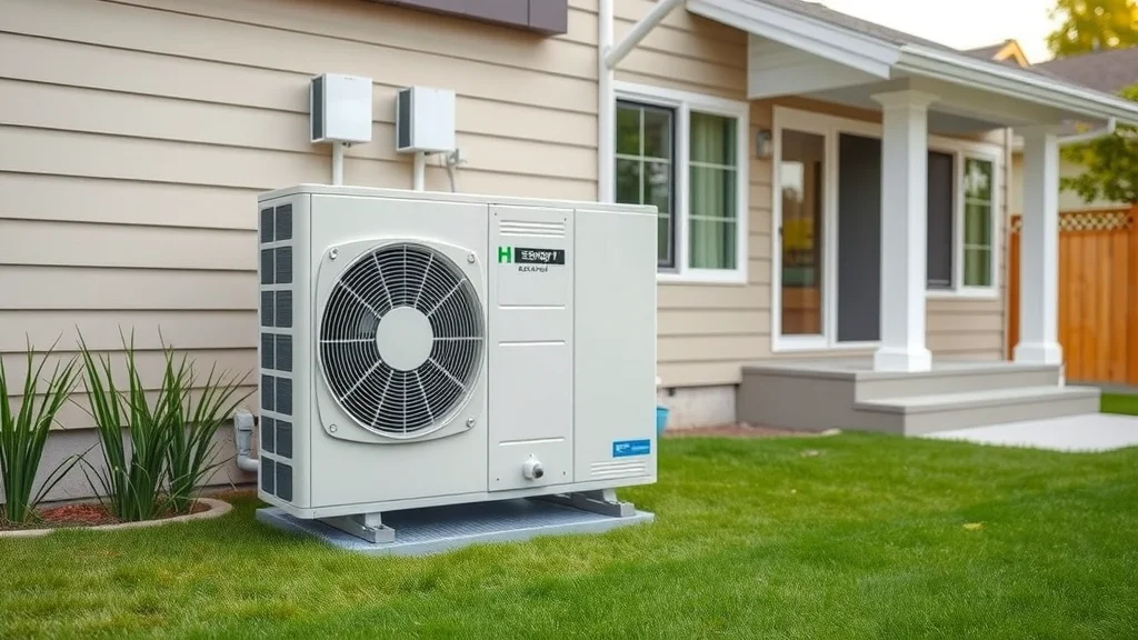 Modern energy efficient HVAC heat pump and air conditioning unit, installed outdoors on a suburban Eustis home with green lawn and high-tech features.