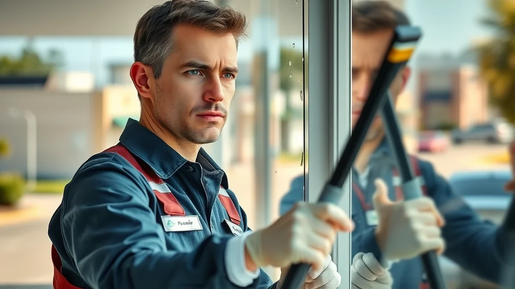 Professional window cleaner using a squeegee on sunny Eustis street, showing focus and realistic water droplets; window cleaning Eustis FL