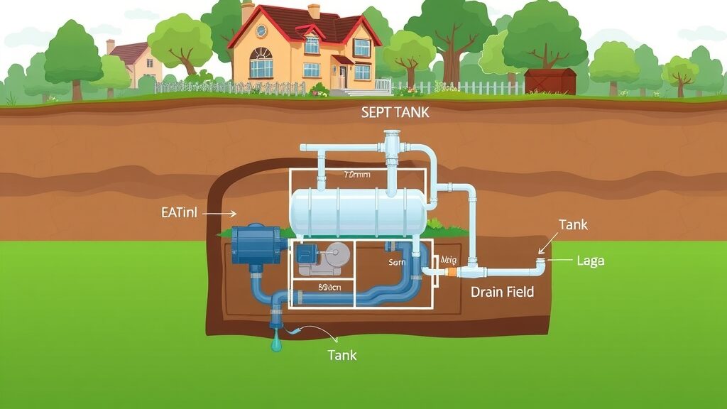 Educational labeled diagram of septic system, highlighting tank, drain field, and pipes - septic tanks and field repair Eustis FL