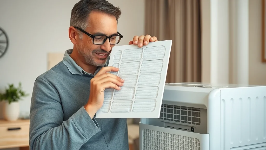 adult maintaining air purifier for asthma, removing HEPA filter in tidy home, visible cleaning tools, photorealistic with motion, beige and blue accents