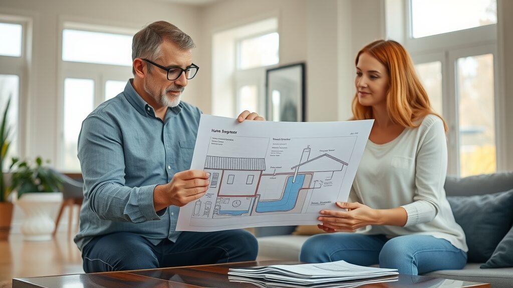 Home inspector and homeowner discussing septic system inspection Eustis, blueprint and diagram in modern living room