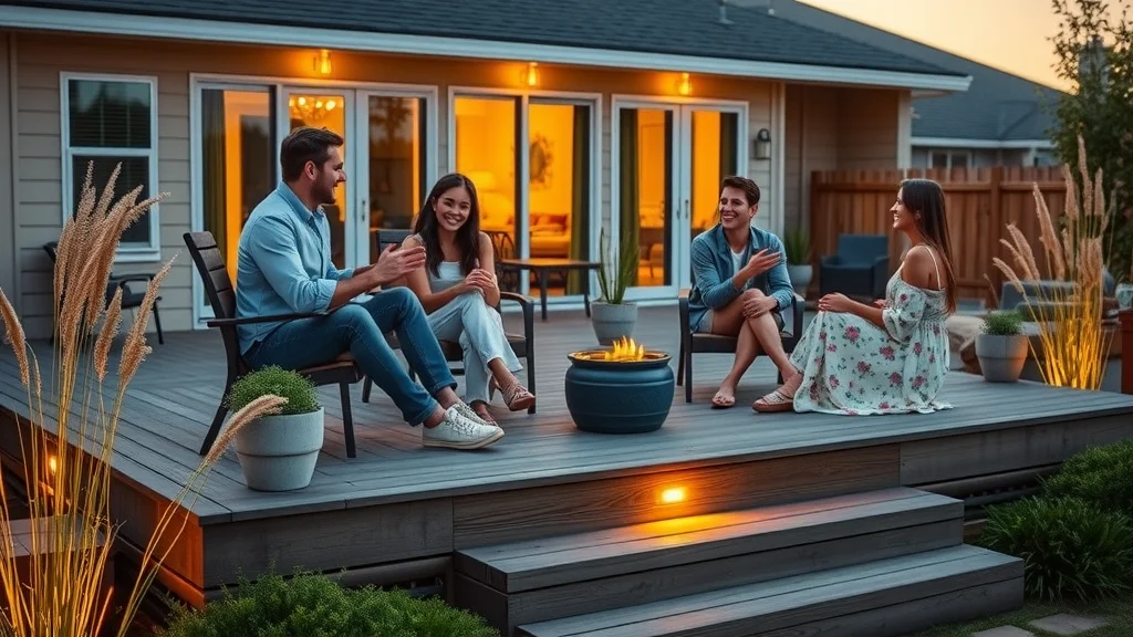 Friends on custom Eustis deck with built-in lighting and warm ambiance. Keywords: deck design, outdoor living