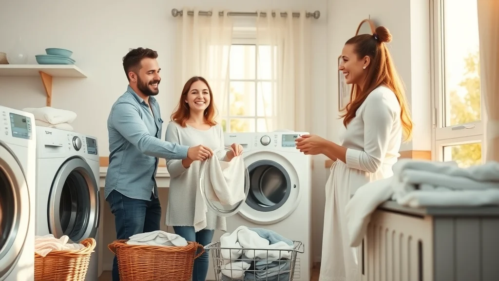 Happy family loading clean laundry in laundry room - eustis appliance service for washing machine and dryer repair