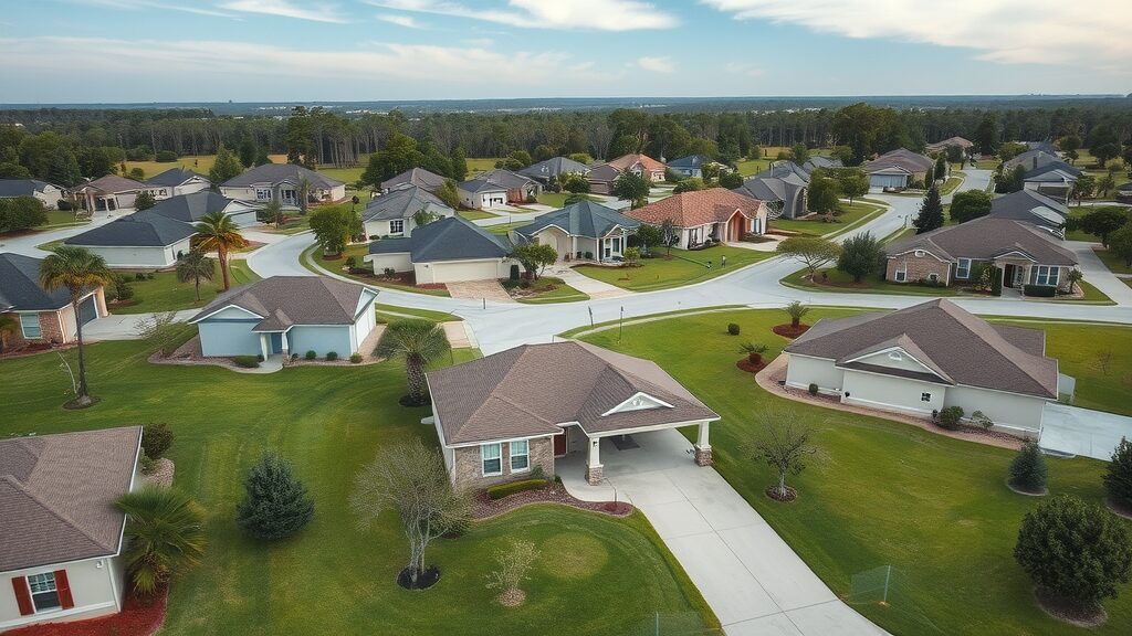Aerial view of Eustis FL neighborhood with visible septic system access points and large lawns, septic system maintenance Eustis FL