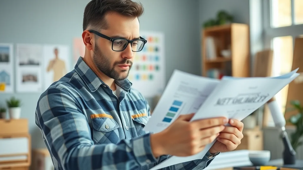 Painting contractor estimating a home in Eustis, reviewing blueprints and color samples, with painting tool samples and a confident, attentive expression, photo-realistic.