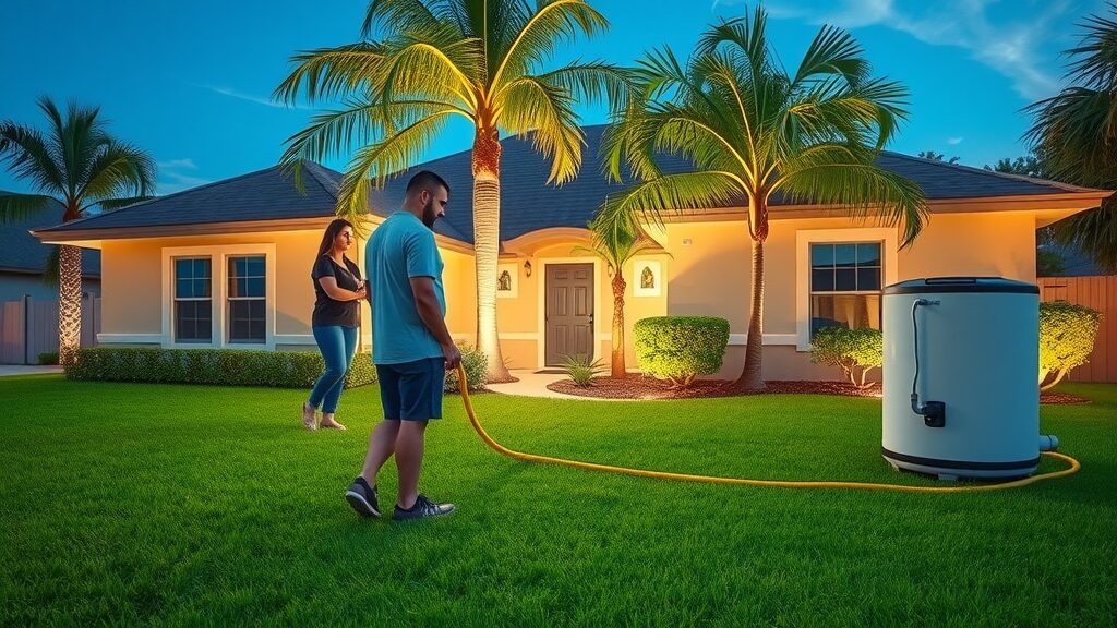 illuminated suburban Florida home, lush green lawn, plumber near septic tank site, septic system maintenance Eustis FL