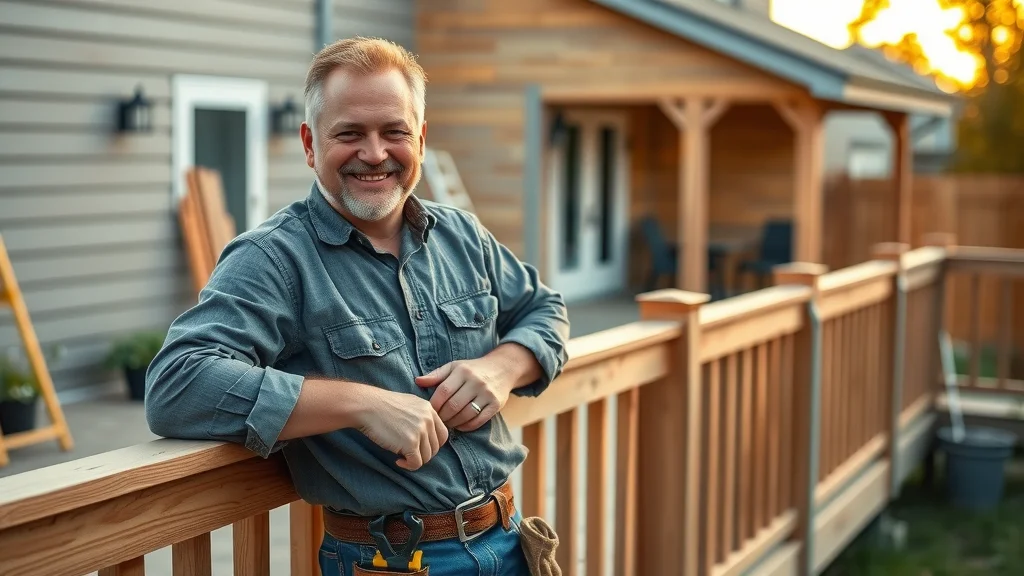 Friendly professional deck builder — Smiling, experienced deck builder leaning on completed deck railing in a residential backyard with hand tools and construction details.