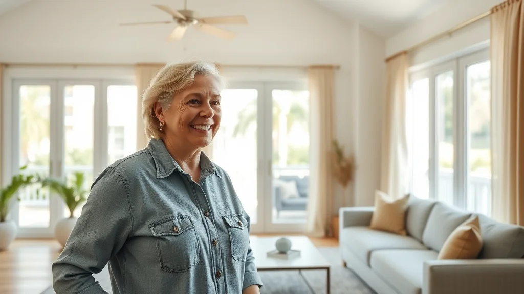 Bright modern living room transformation with freshly painted walls in Eustis FL, cheerful homeowner admiring results, large windows showing sunshine and greenery, clean neutral with soft color palette