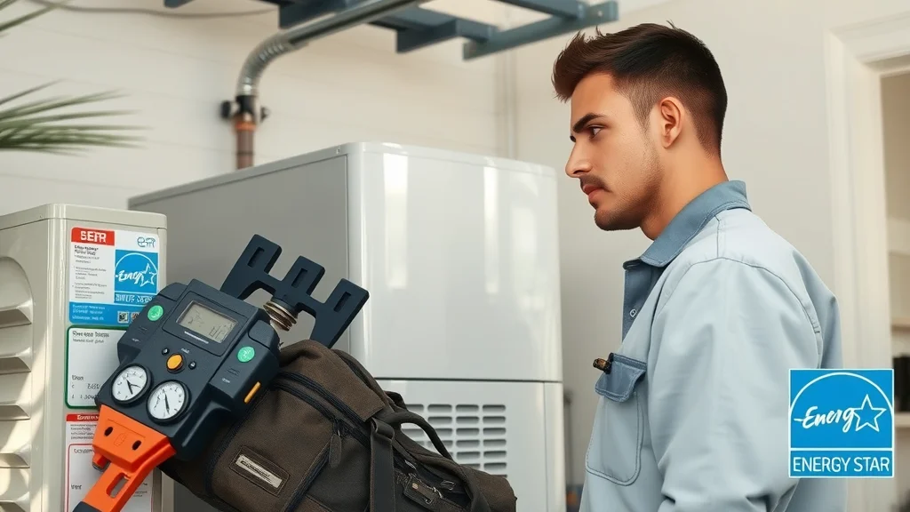 Technician inspecting energy saving air system's SEER label and Energy Star certification in a Florida home garage