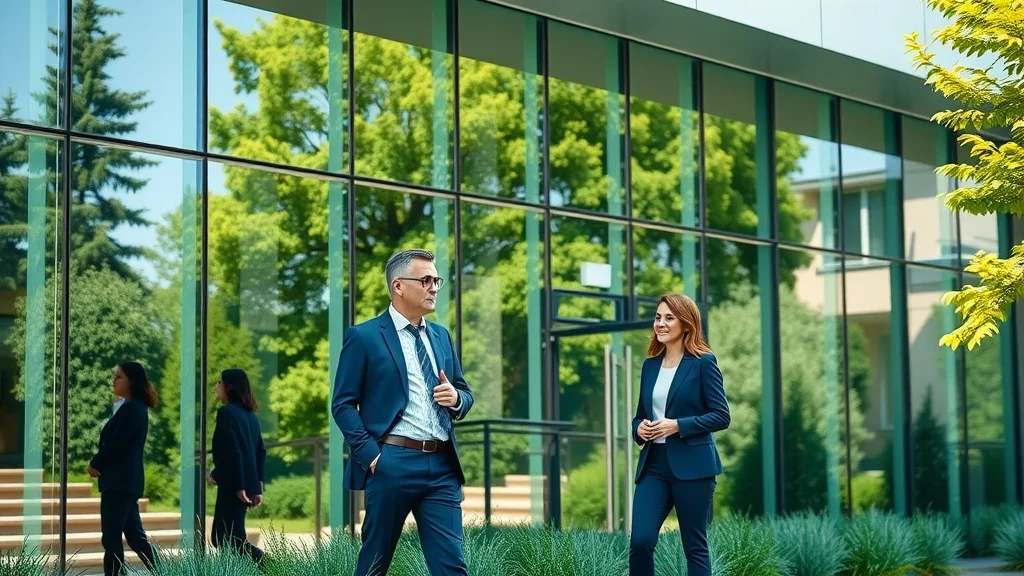 Modern business exterior with large, clean windows reflecting greenery after commercial window cleaning services.