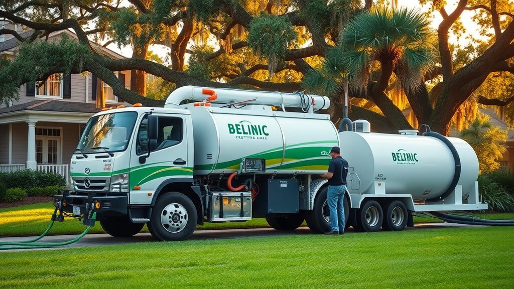 Modern septic cleaning truck and crew efficiently cleaning a septic tank at a Florida home, septic tank cleaning eustis florida
