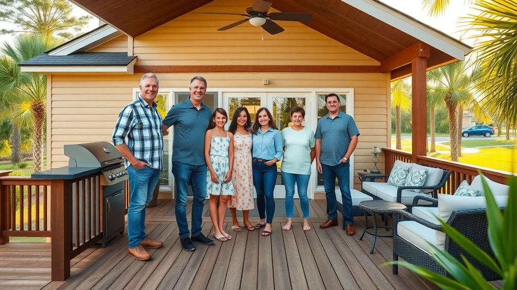 Inviting residential deck in Eustis, spacious wood deck with family enjoying lush Florida landscaping, grill, and outdoor furniture under soft morning sunlight