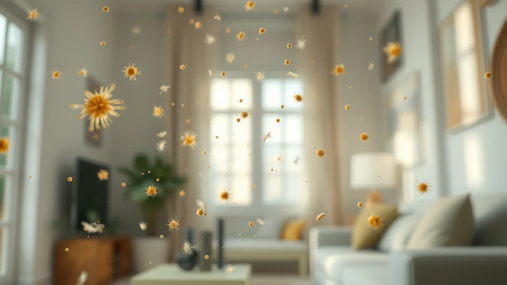 Photorealistic close-up of airborne indoor allergens, such as pollen and dust, visualized in a Florida home environment