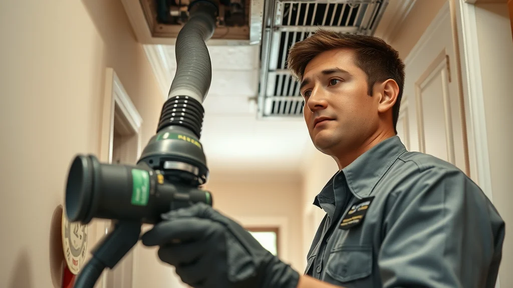 Professional air quality technician cleaning an air duct vent in a Florida home, extracting visible dust using industrial equipment.