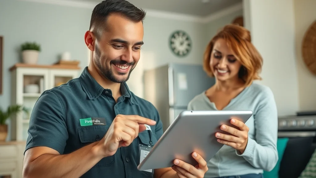 Reputable Eustis appliance repair technician with ID badge explaining checklist to homeowner in living room