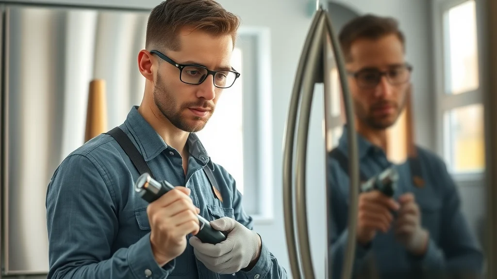 appliance repair services appliance repair technician inspecting modern refrigerator for eustis refrigerator repair, professional kitchen appliance service