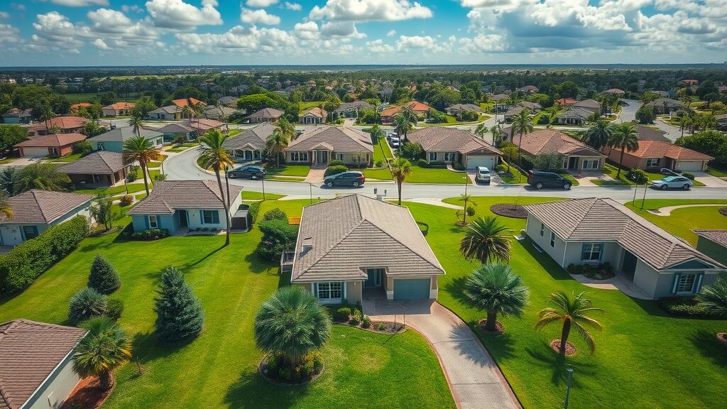 Insightful aerial view of a Florida neighborhood, showing homes, yard spaces, and lush green lawns with palm trees in sunlight, representing septic system regulations Florida