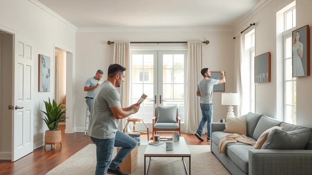 Modern interior living room with professional painters, calm and careful, painting sunlit walls in Eustis with high realism and protected furnishings.