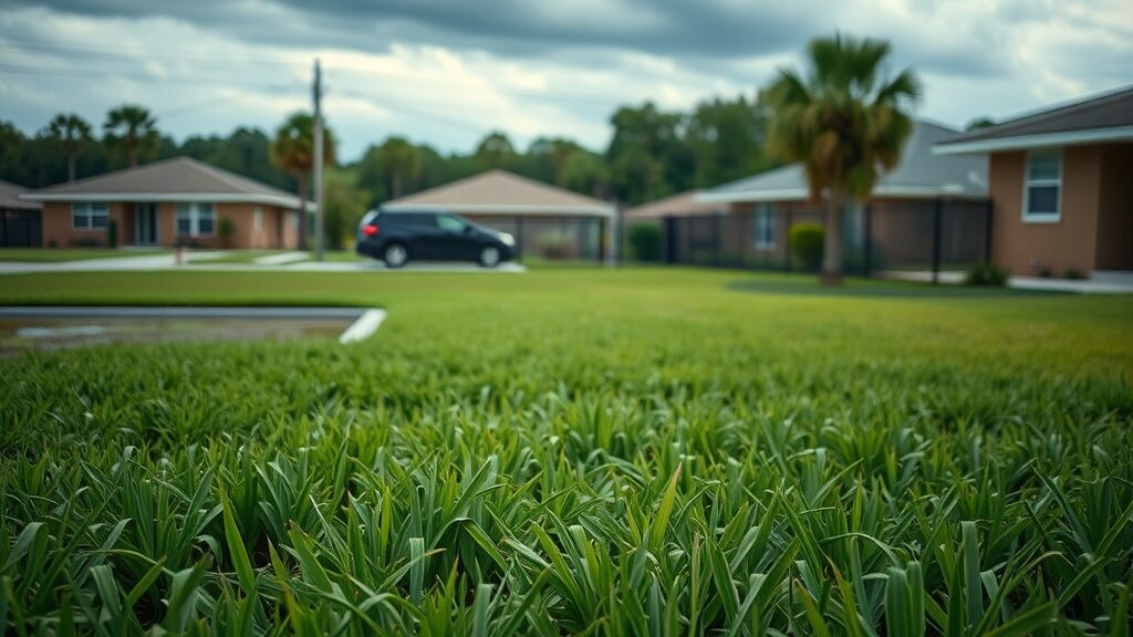 Backyard with lush, green grass over a septic drain field showing signs of pooling water - septic system warning central Florida