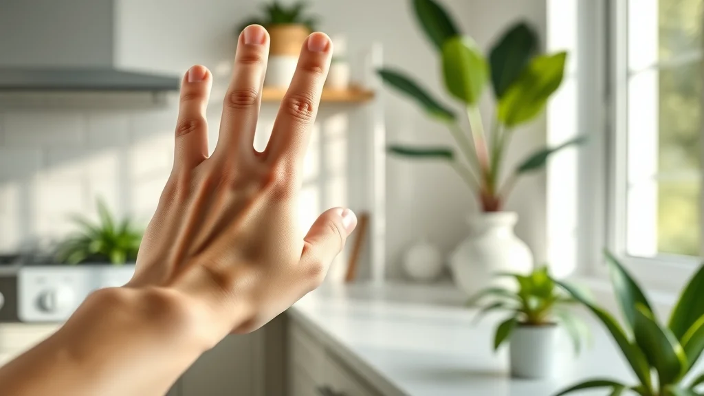 Homeowner reaching toward a digital air quality monitor with a healthy indicator displayed, clean modern Florida home kitchen in the background.