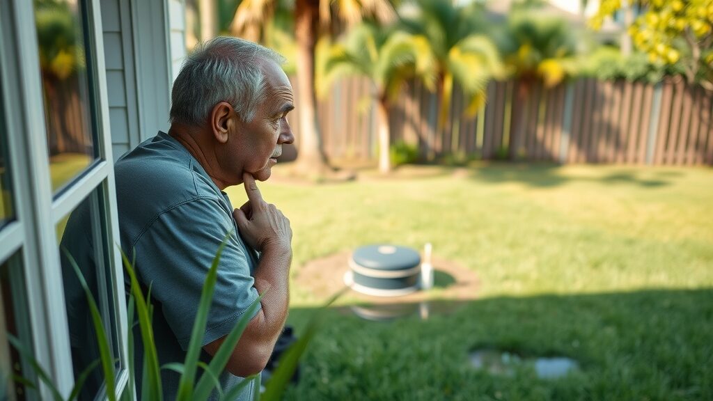 concerned homeowner noticing pooling water, lush green grass, septic area, warning signs of septic system maintenance Eustis FL