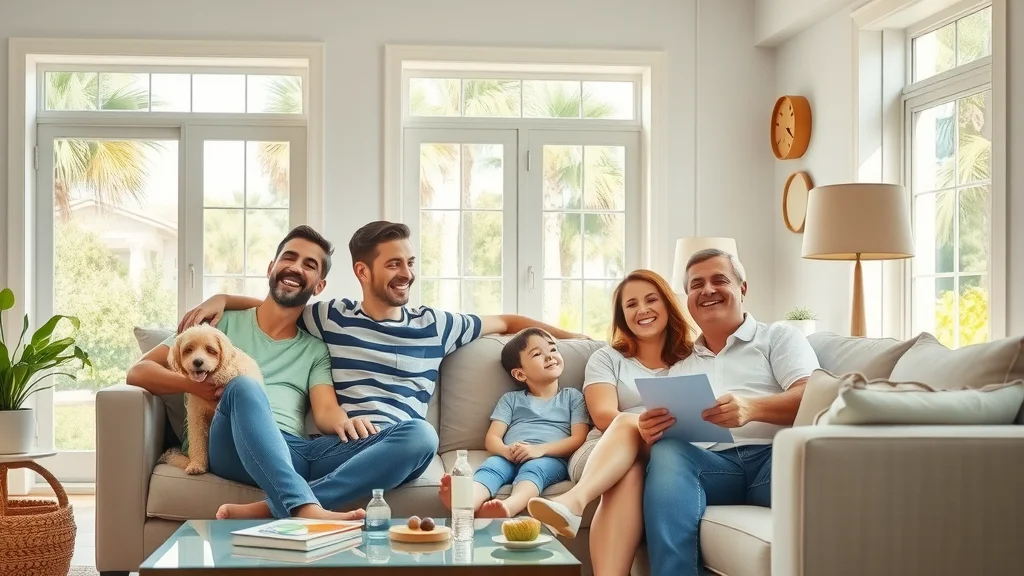 Joyful Eustis family enjoying their freshly cleaned home, sitting in a bright, spotless living room, benefitting from house cleaning Eustis Florida