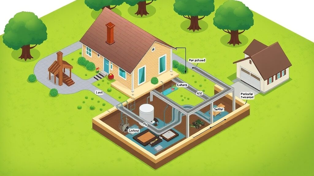 Cutaway diagram of a properly installed Florida septic system showing legal distances from house and property line, meets septic system regulations Florida