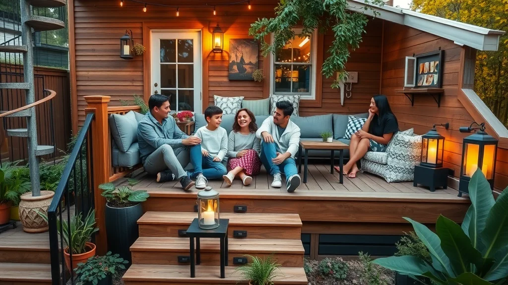 Tiered small deck with spiral staircase and family enjoying different levels, adding depth to a compact backyard
