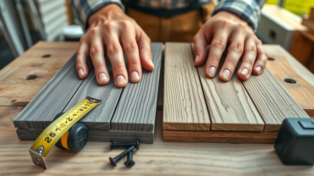 Hands comparing composite decking and wood decking materials, highlighting tactile differences and material cost for deck build on a workbench