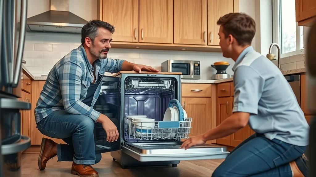Eustis technician and homeowner inspecting open dishwasher with small kitchen appliances on counter