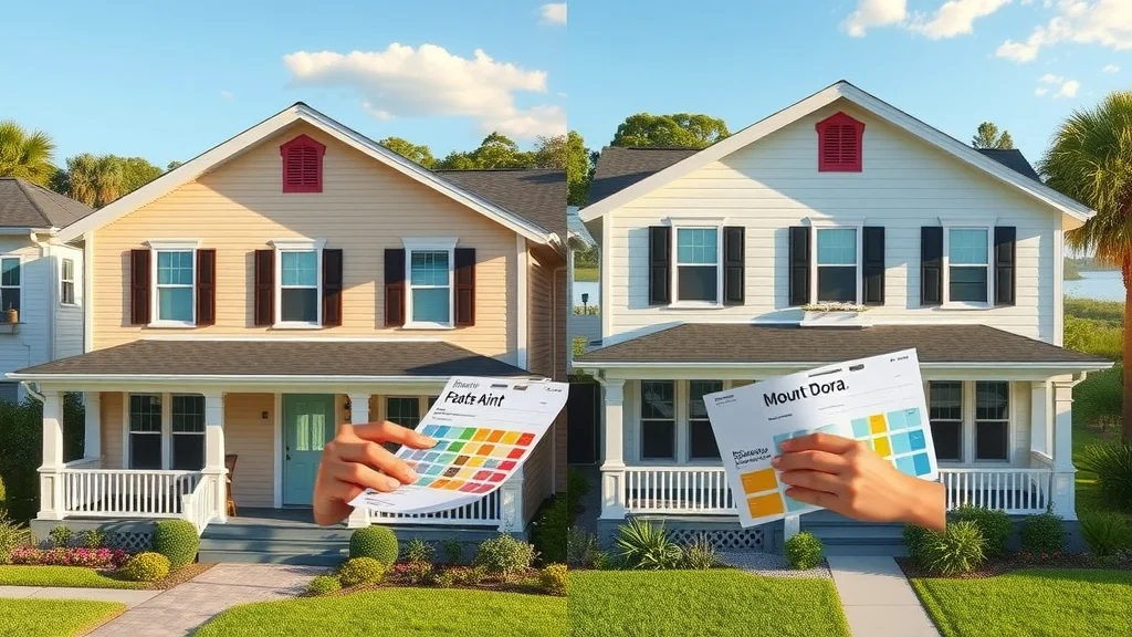 Comparison of two Florida homes: Eustis and Mount Dora. Different exterior paint styles, painting contractors discussing finishes. Photorealistic, analytical expressions, local landmarks.
