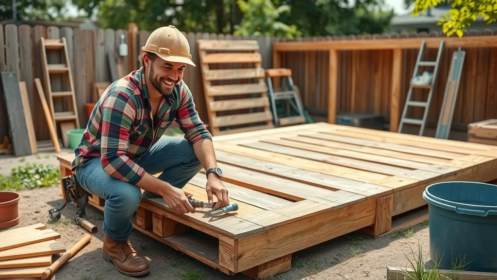 Creative deck upcycling — Builder integrating reclaimed wood pallets into a small deck frame in an active backyard space with visible tools and work-in-progress steps.