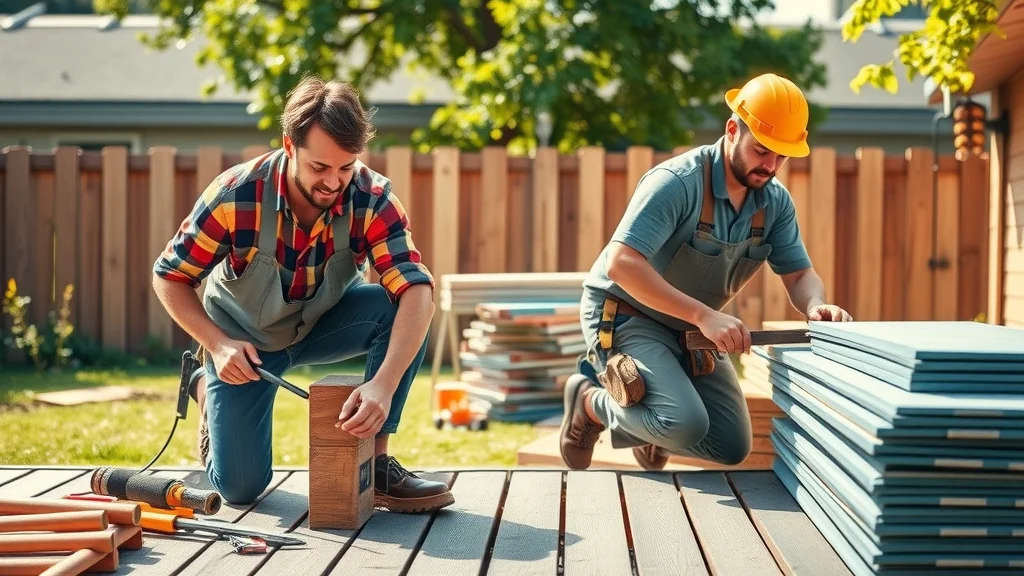 DIYer and professional deck builder separately working on deck sections, illustrating differences in labor cost and outcomes for deck budgeting guide