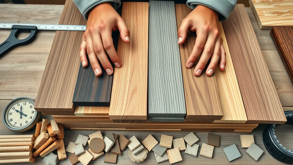 Overview of affordable deck materials: hands comparing treated lumber, composite, PVC, aluminum, and traditional wood boards, high realism, muted natural tones, close-up workshop shot