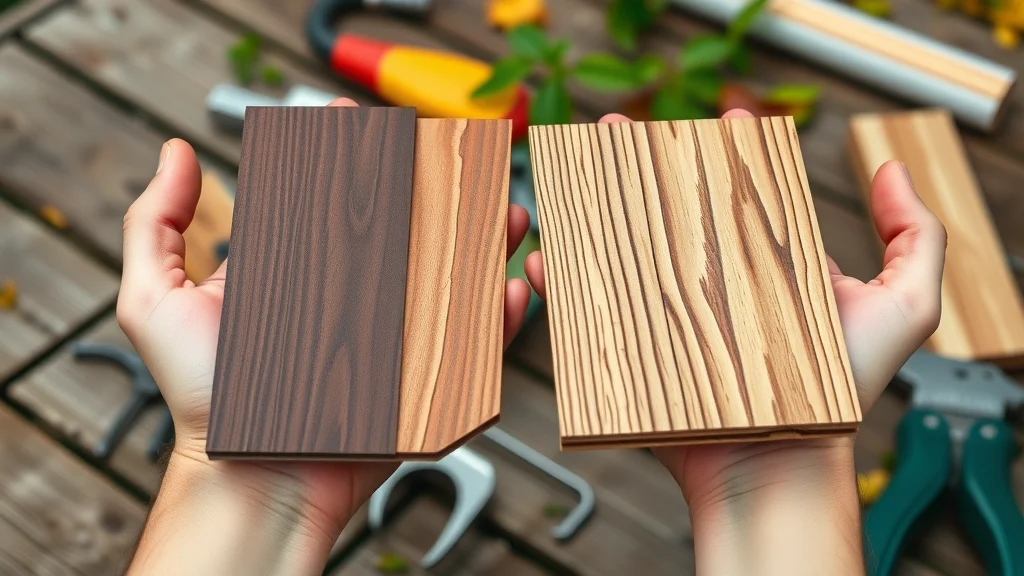 Side-by-side sample comparison of composite deck boards and pressure-treated wood deck boards for affordable deck building