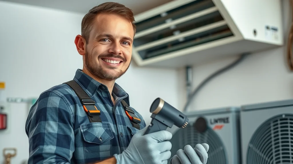 hvac professional eustis: Friendly technician inspecting a modern HVAC system in a Florida home