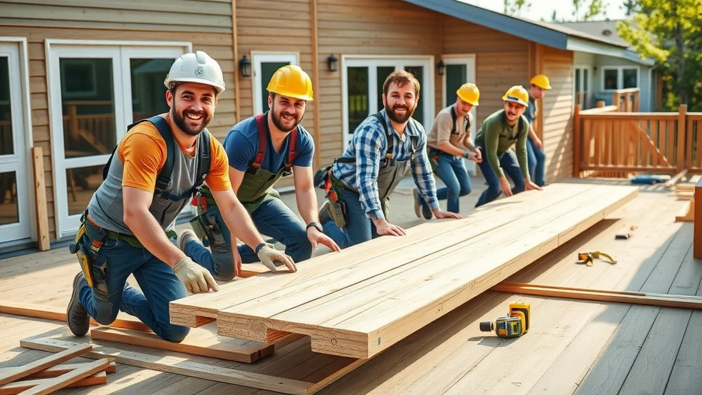 Diverse team of builders installing deck boards on 500-square-foot deck in Eustis. Keywords: labor cost, deck board, deck build