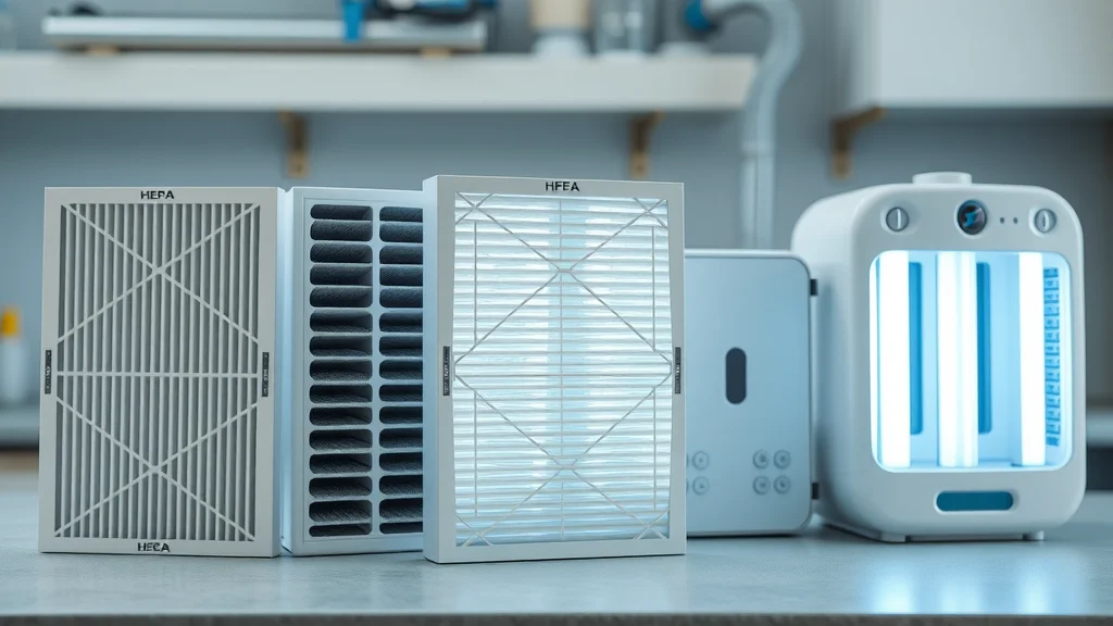 close-up of air filtration system components for asthma, HEPA, activated carbon, UV-C, clean worktop, light beams highlighting filters, ultra-high detail, clinical white and blue palette